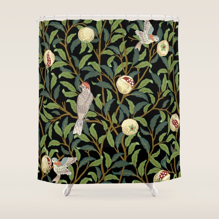 William Morris Enchanted Bird & Pomegranate Black Botanical Shower Curtain Gallery Image 1