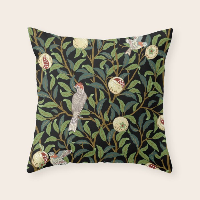 William Morris Enchanted Bird & Pomegranate Black Botanical Throw Pillow Gallery Image 1