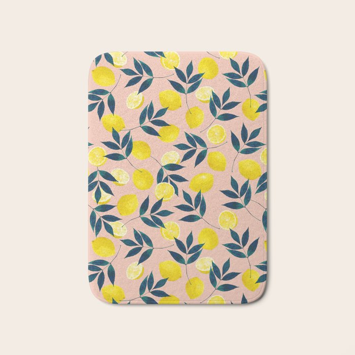 Lemon Goodness, Botanical Nature Forest Illustration, Bohemian Blush Colorful Painting Bath Mat Gallery Image 1