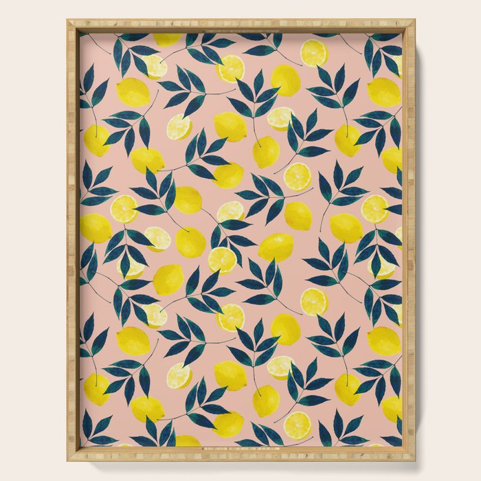 Lemon Goodness, Botanical Nature Forest Illustration, Bohemian Blush Colorful Painting Serving Tray Gallery Image 1