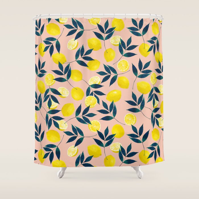 Lemon Goodness, Botanical Nature Forest Illustration, Bohemian Blush Colorful Painting Shower Curtain Gallery Image 1