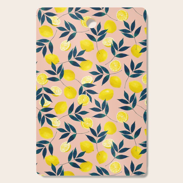 Lemon Goodness, Botanical Nature Forest Illustration, Bohemian Blush Colorful Painting Cutting Board Gallery Image 1