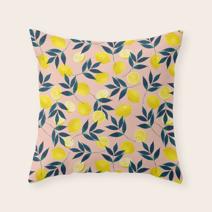 Lemon Goodness, Botanical Nature Forest Illustration, Bohemian Blush Colorful Painting Throw Pillow Gallery Image 6