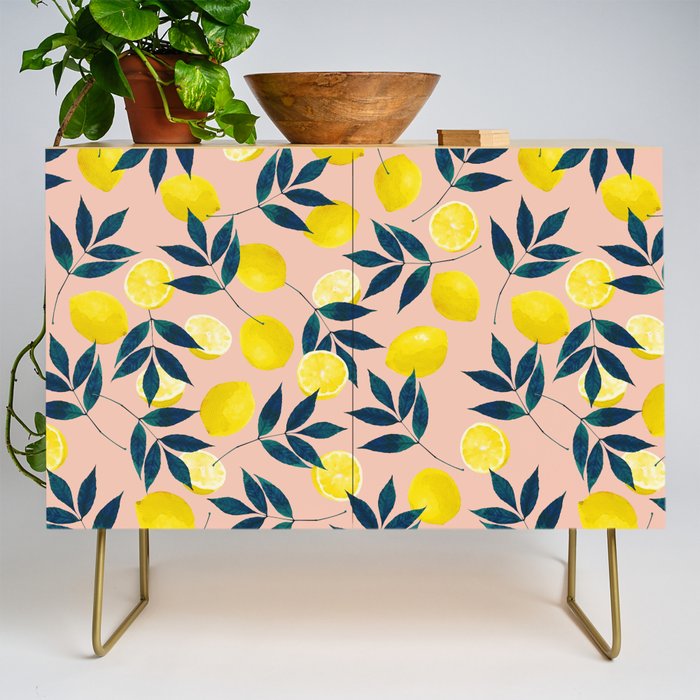 Lemon Goodness, Botanical Nature Forest Illustration, Bohemian Blush Colorful Painting Credenza Gallery Image 1
