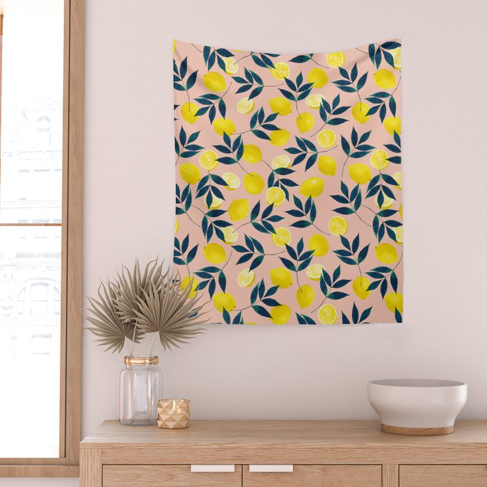 Lemon Goodness, Botanical Nature Forest Illustration, Bohemian Blush Colorful Painting Wall Tapestry Gallery Image 2
