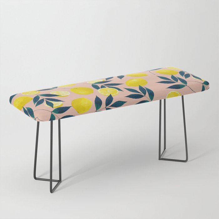 Lemon Goodness, Botanical Nature Forest Illustration, Bohemian Blush Colorful Painting Bench Gallery Image 1