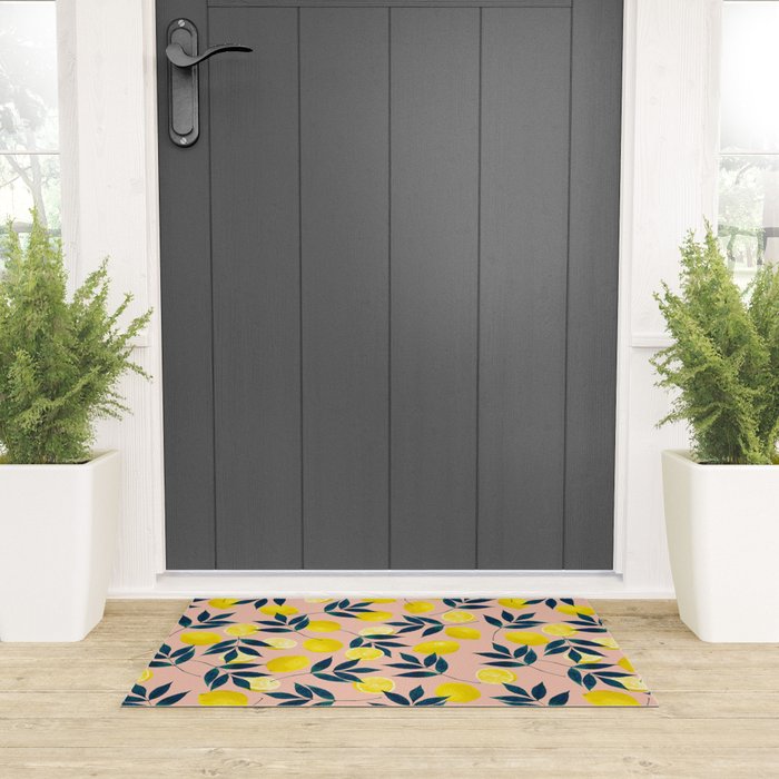 Lemon Goodness, Botanical Nature Forest Illustration, Bohemian Blush Colorful Painting Welcome Mat Gallery Image 3