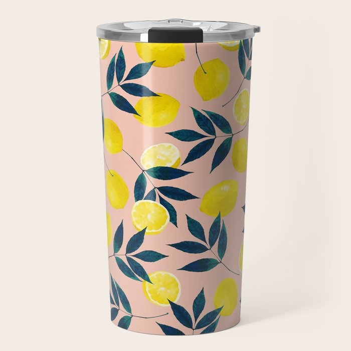 Lemon Goodness, Botanical Nature Forest Illustration, Bohemian Blush Colorful Painting Travel Mug Gallery Image 1