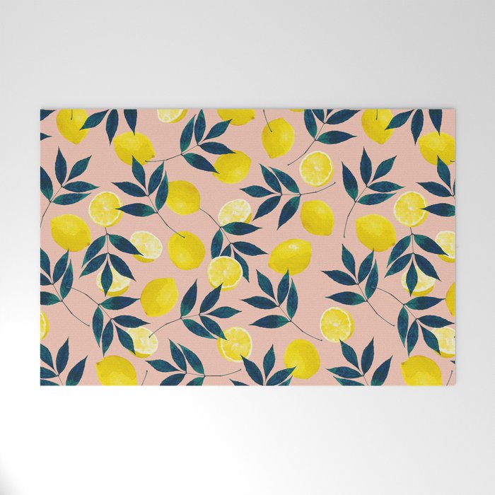 Lemon Goodness, Botanical Nature Forest Illustration, Bohemian Blush Colorful Painting Welcome Mat Gallery Image 1