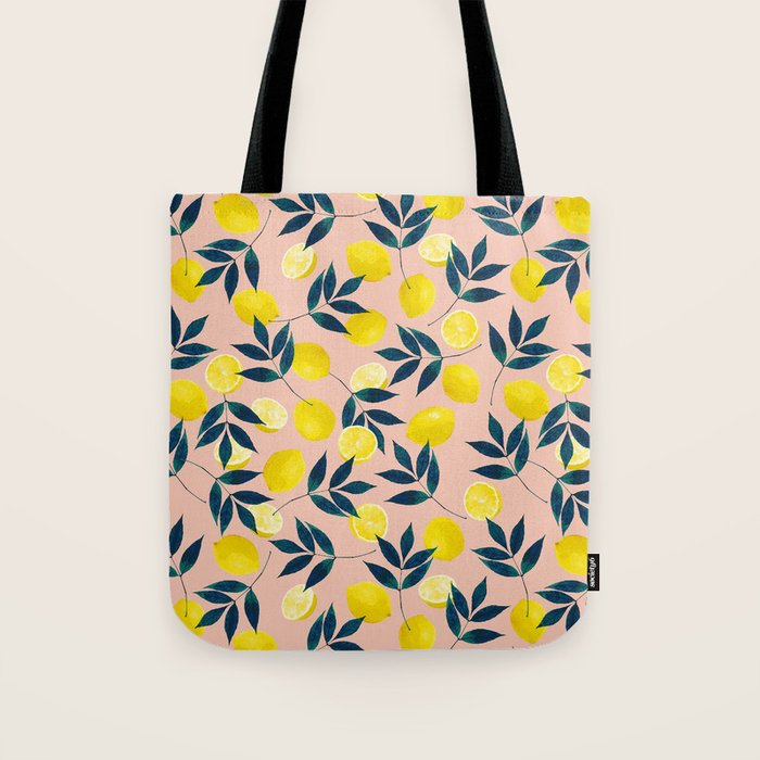 Lemon Goodness, Botanical Nature Forest Illustration, Bohemian Blush Colorful Painting Tote Bag Gallery Image 1