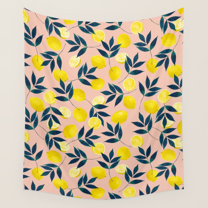 Lemon Goodness, Botanical Nature Forest Illustration, Bohemian Blush Colorful Painting Wall Tapestry Gallery Image 1
