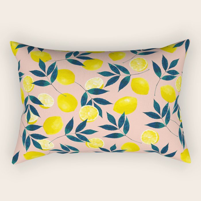 Lemon Goodness, Botanical Nature Forest Illustration, Bohemian Blush Colorful Painting Rectangular Pillow Gallery Image 1