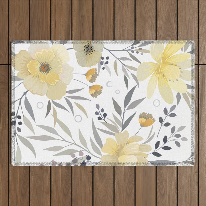 Modern, Floral Prints, Yellow, Gray and White Outdoor Rug Gallery Image 1