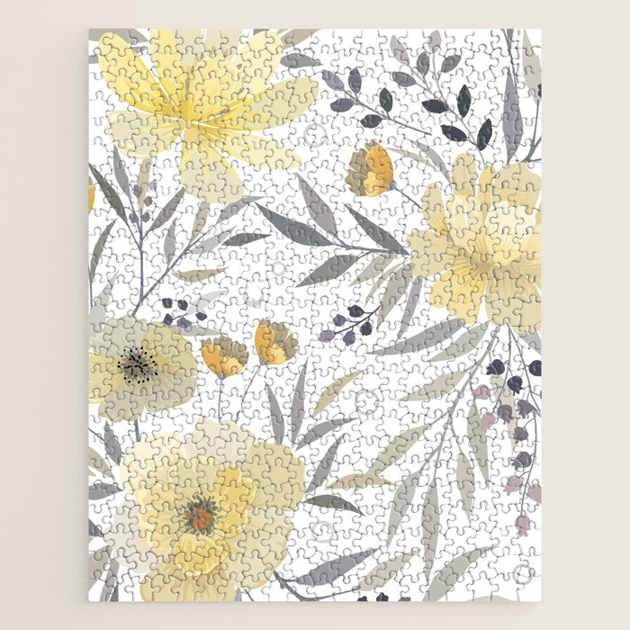 Modern, Floral Prints, Yellow, Gray and White Jigsaw Puzzle Gallery Image 1