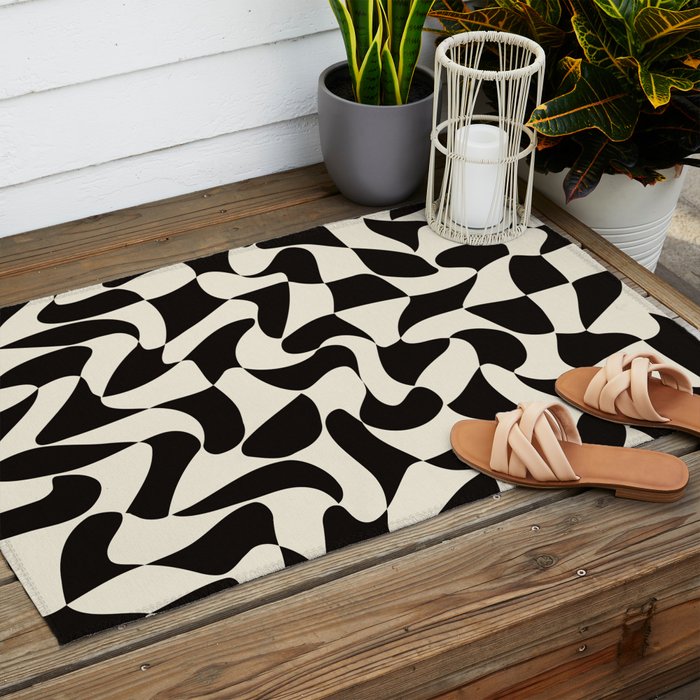  Black&White Warped Wavy Check Outdoor Rug Gallery Image 2