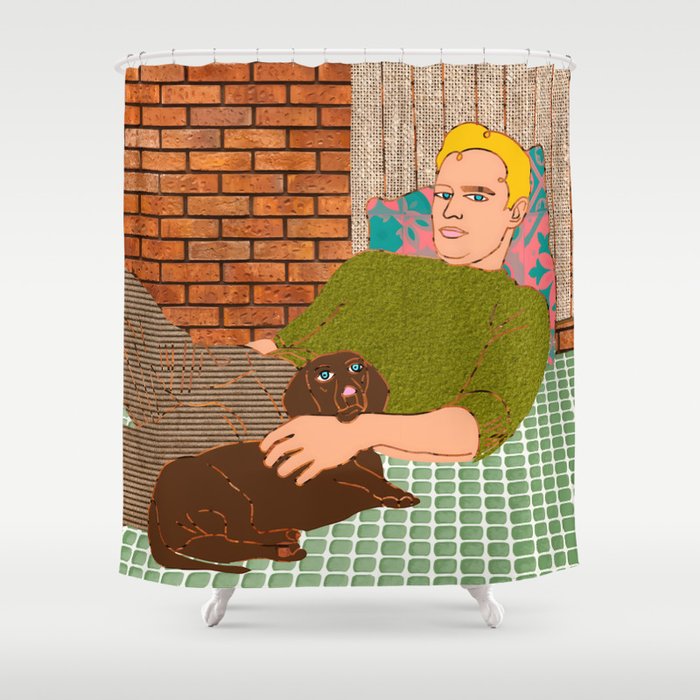 Goodfellas, Vintage Rattan Man Dog Pet Human Companion, Dachshund Dogs Parent, Line Art Collage Illustration Home Décor, Retro Eclectic Bohemian Interiors Shower Curtain Gallery Image 1