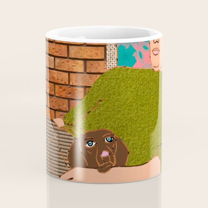 Goodfellas, Vintage Rattan Man Dog Pet Human Companion, Dachshund Dogs Parent, Line Art Collage Illustration Home Décor, Retro Eclectic Bohemian Interiors Coffee Mug Gallery Image 4