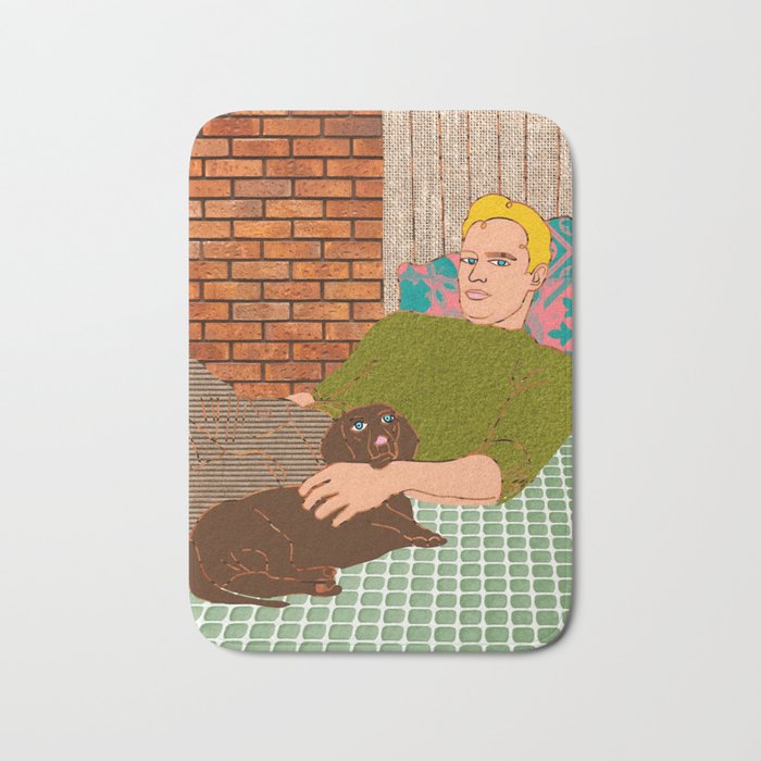 Goodfellas, Vintage Rattan Man Dog Pet Human Companion, Dachshund Dogs Parent, Line Art Collage Illustration Home Décor, Retro Eclectic Bohemian Interiors Bath Mat Gallery Image 1