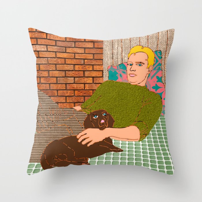 Goodfellas, Vintage Rattan Man Dog Pet Human Companion, Dachshund Dogs Parent, Line Art Collage Illustration Home Décor, Retro Eclectic Bohemian Interiors Throw Pillow Gallery Image 6
