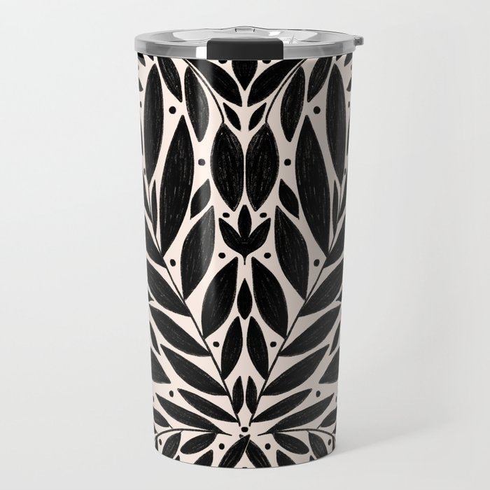 Black and White Folk Leaves  Travel Mug Gallery Image 1