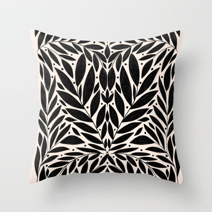 Black and White Folk Leaves  Throw Pillow Gallery Image 6