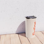 This is Where the Fun Stuff Happens typography print in peach and red Travel Mug Gallery Image 4