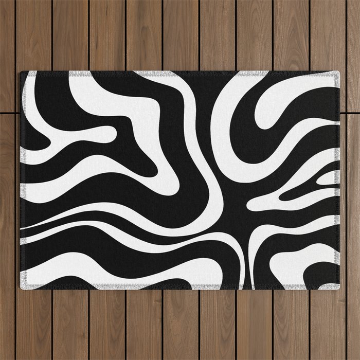 Modern Retro Liquid Swirl Abstract Pattern in Black and White Outdoor Rug Gallery Image 1