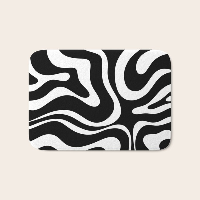 Modern Retro Liquid Swirl Abstract Pattern in Black and White Bath Mat Gallery Image 1