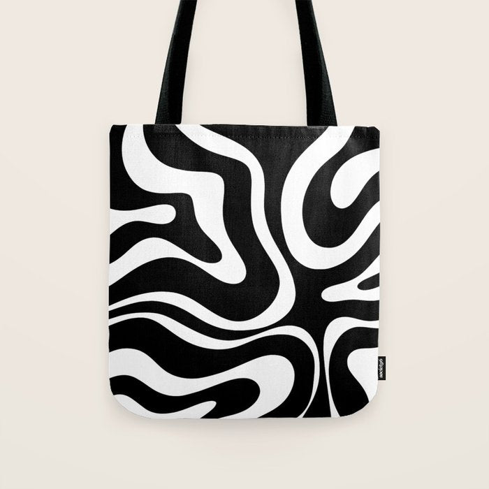 Modern Retro Liquid Swirl Abstract Pattern in Black and White Tote Bag Gallery Image 1