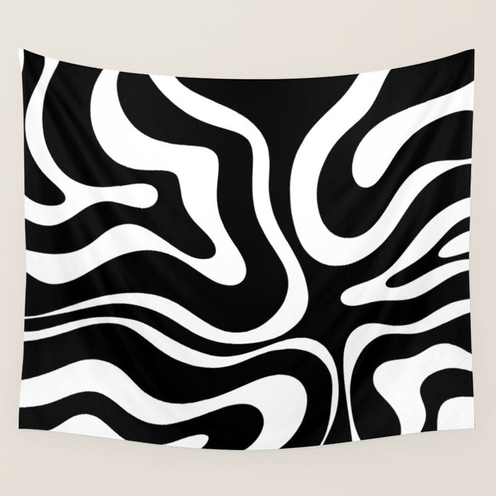 Modern Retro Liquid Swirl Abstract Pattern in Black and White Wall Tapestry Gallery Image 4
