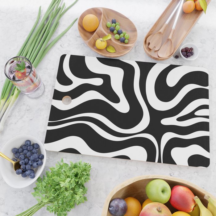 Modern Retro Liquid Swirl Abstract Pattern in Black and White Cutting Board Gallery Image 2