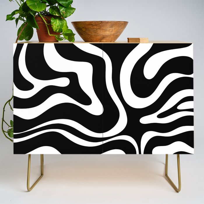 Modern Retro Liquid Swirl Abstract Pattern in Black and White Credenza Gallery Image 1
