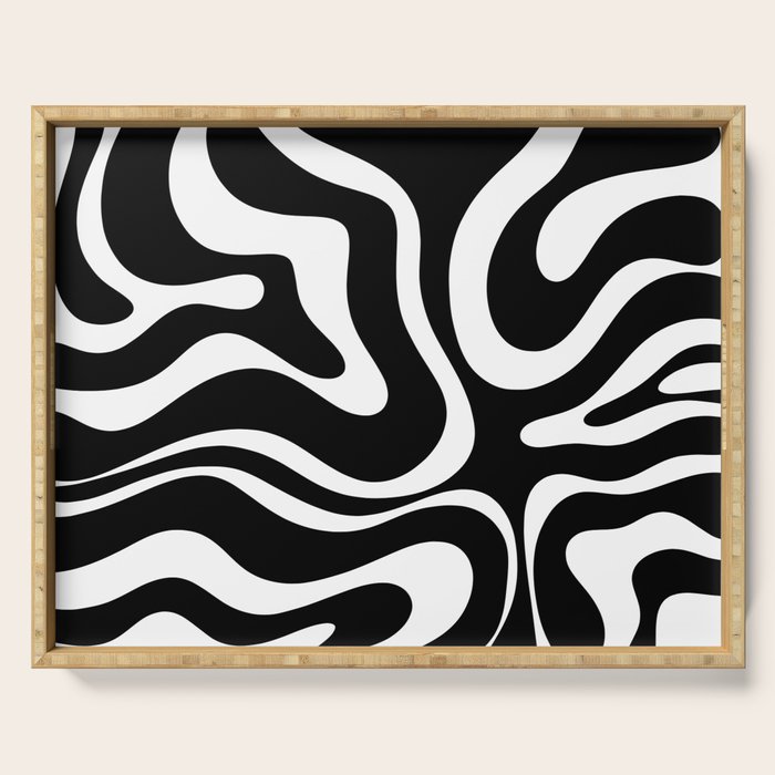Modern Retro Liquid Swirl Abstract Pattern in Black and White Serving Tray Gallery Image 1