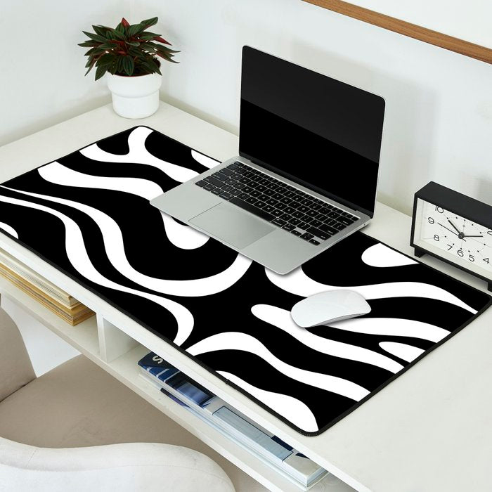 Modern Retro Liquid Swirl Abstract Pattern in Black and White Desk Mat Gallery Image 2