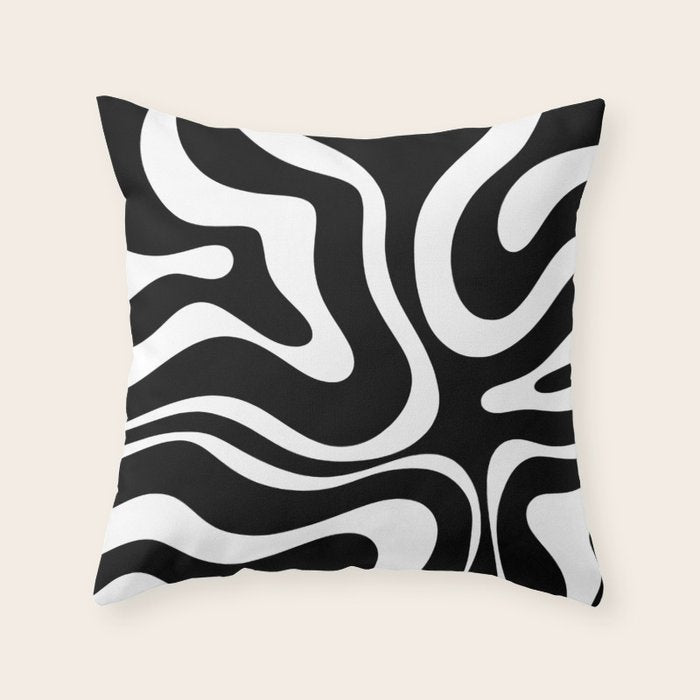 Modern Retro Liquid Swirl Abstract Pattern in Black and White Throw Pillow Gallery Image 1