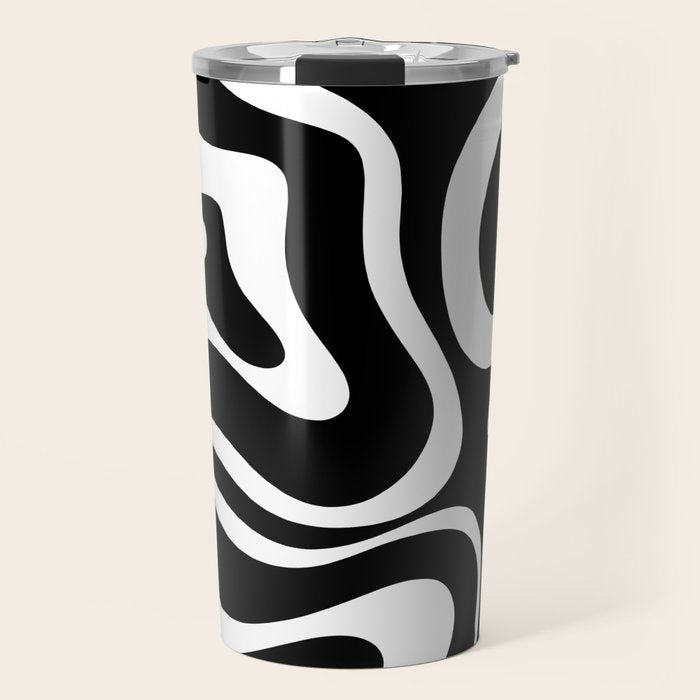 Modern Retro Liquid Swirl Abstract Pattern in Black and White Travel Mug Gallery Image 1