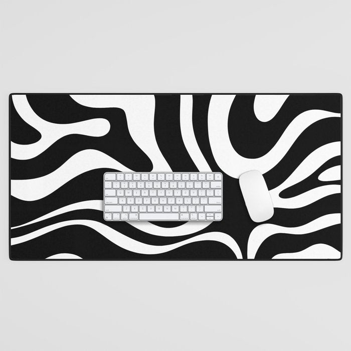 Modern Retro Liquid Swirl Abstract Pattern in Black and White Desk Mat Gallery Image 1