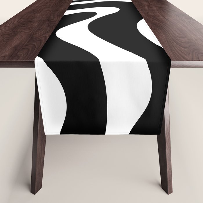 Modern Retro Liquid Swirl Abstract Pattern in Black and White Table Runner Gallery Image 1