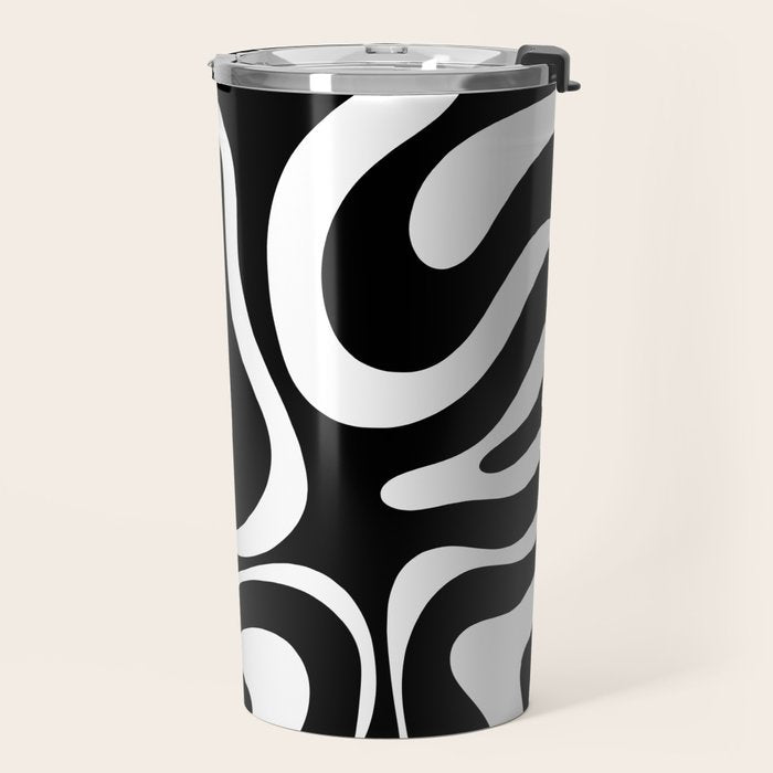Modern Retro Liquid Swirl Abstract Pattern in Black and White Travel Mug Gallery Image 2
