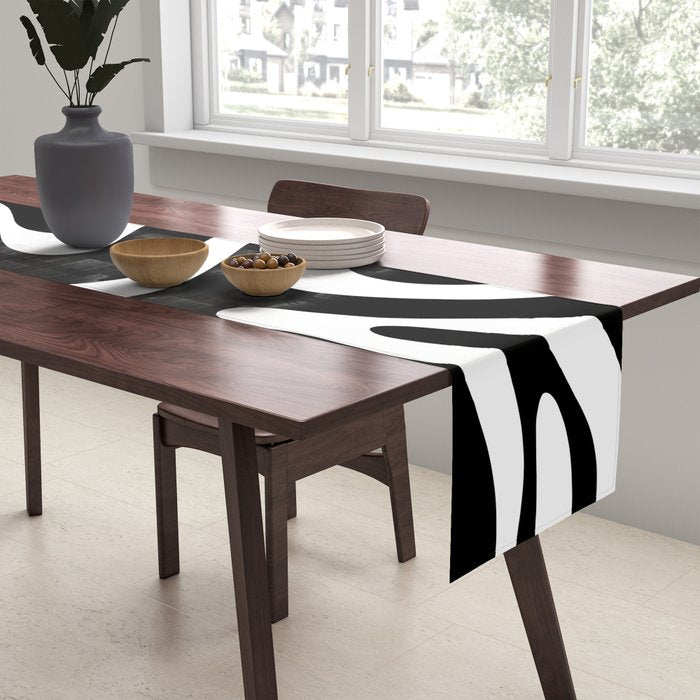 Modern Retro Liquid Swirl Abstract Pattern in Black and White Table Runner Gallery Image 2