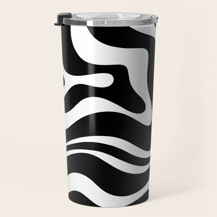 Modern Retro Liquid Swirl Abstract Pattern in Black and White Travel Mug Gallery Image 3