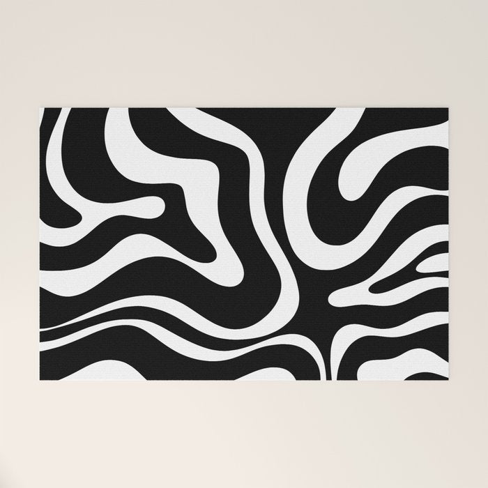 Modern Retro Liquid Swirl Abstract Pattern in Black and White Welcome Mat Gallery Image 1