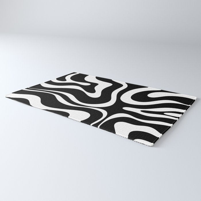 Modern Retro Liquid Swirl Abstract Pattern in Black and White Rug Gallery Image 3