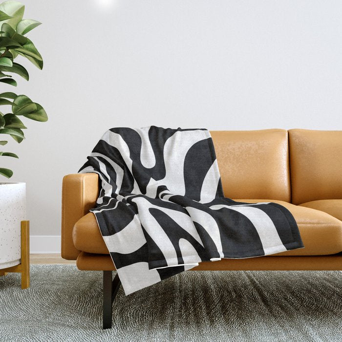Modern Retro Liquid Swirl Abstract Pattern in Black and White Throw Blanket Gallery Image 1