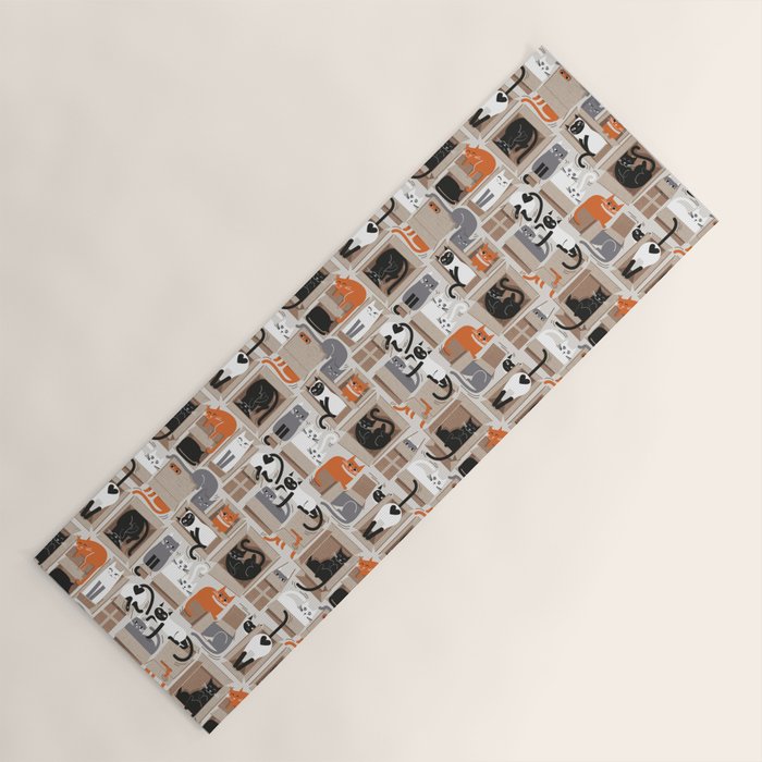 Purfect feline architecture // beige background cute cats in cardboard boxes Yoga Mat Gallery Image 1