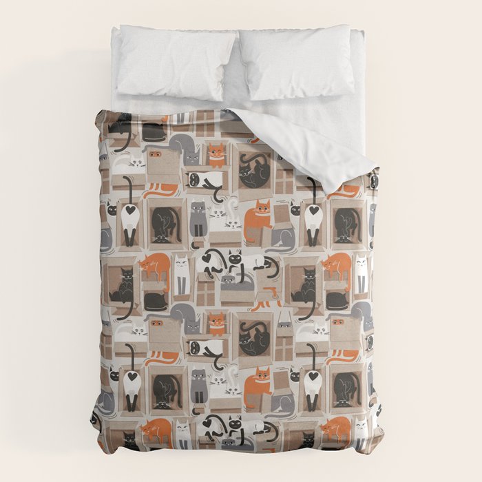 Purfect feline architecture // beige background cute cats in cardboard boxes Duvet Cover Gallery Image 1