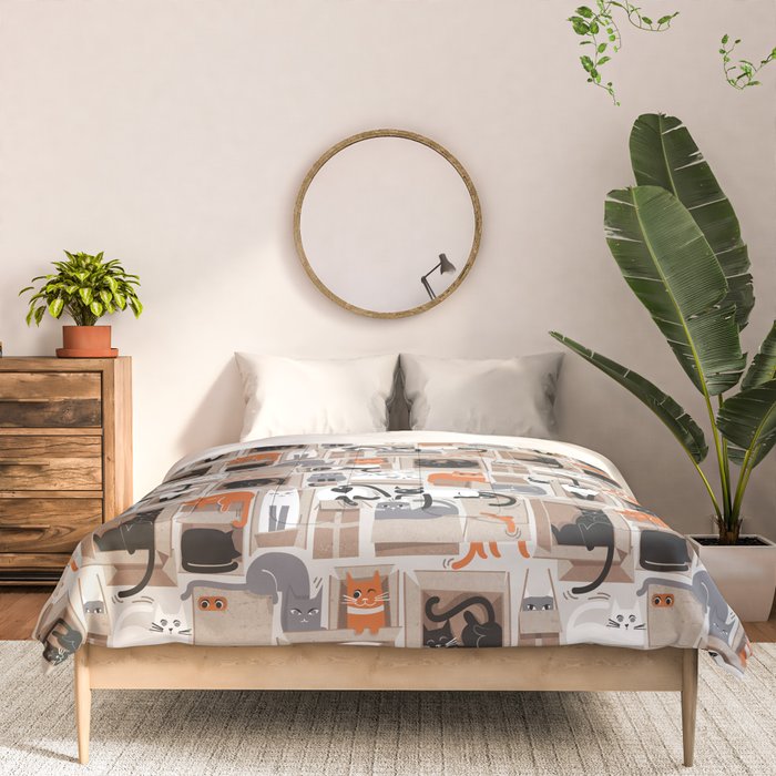 Purfect feline architecture // beige background cute cats in cardboard boxes Comforter Gallery Image 3