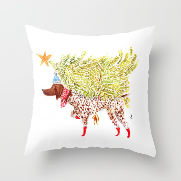 GSP german shorthaired pointer christmas tree holiday winter art  Throw Pillow Gallery Image 6