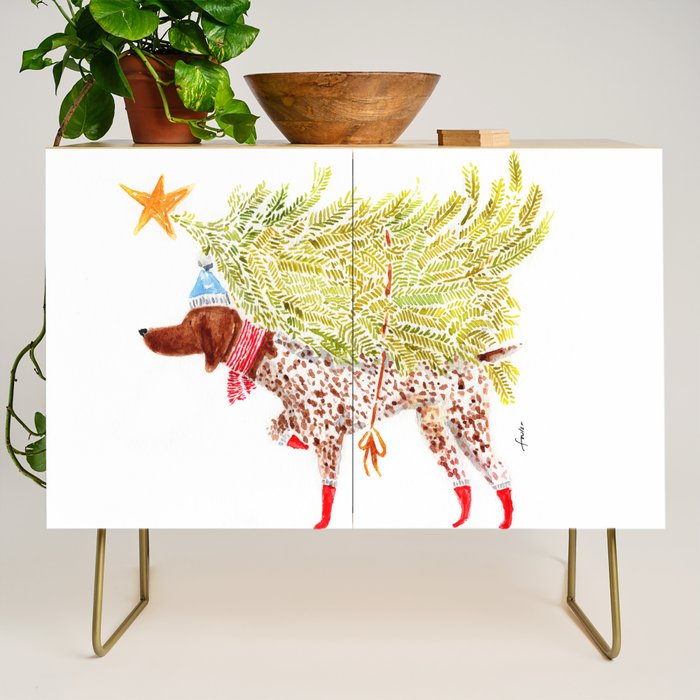 GSP german shorthaired pointer christmas tree holiday winter art  Credenza Gallery Image 1
