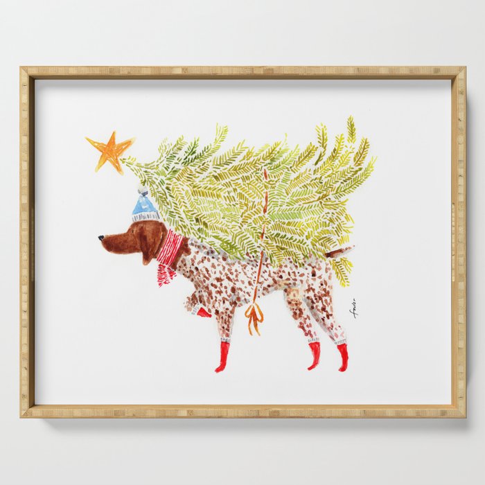 GSP german shorthaired pointer christmas tree holiday winter art  Serving Tray Gallery Image 1